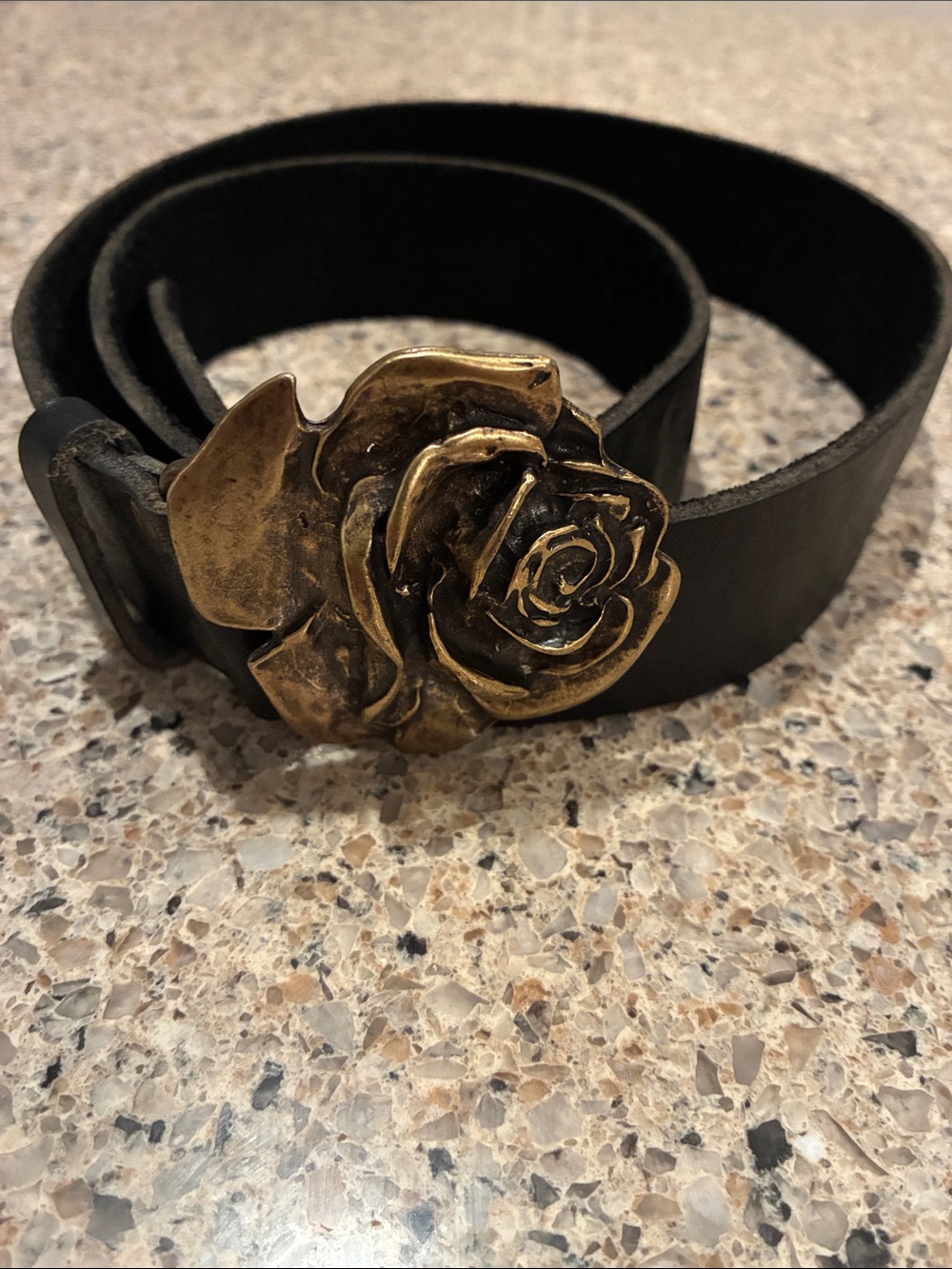 Women's S/M Black Leather Belt with Antique Gold Rose Buckle - rare and unique